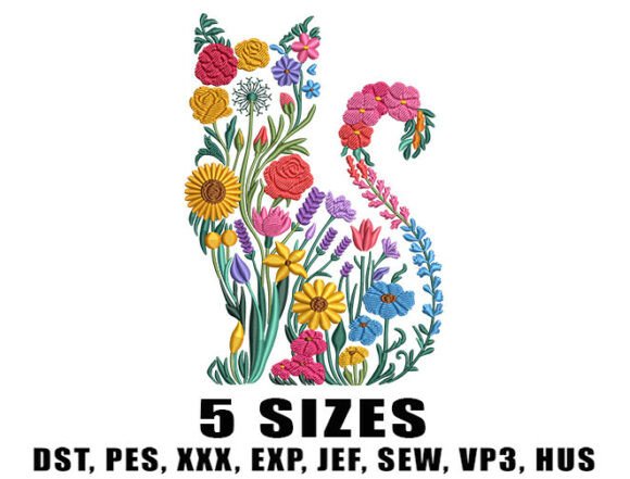 Fall Floral Cat Embroidery Design
